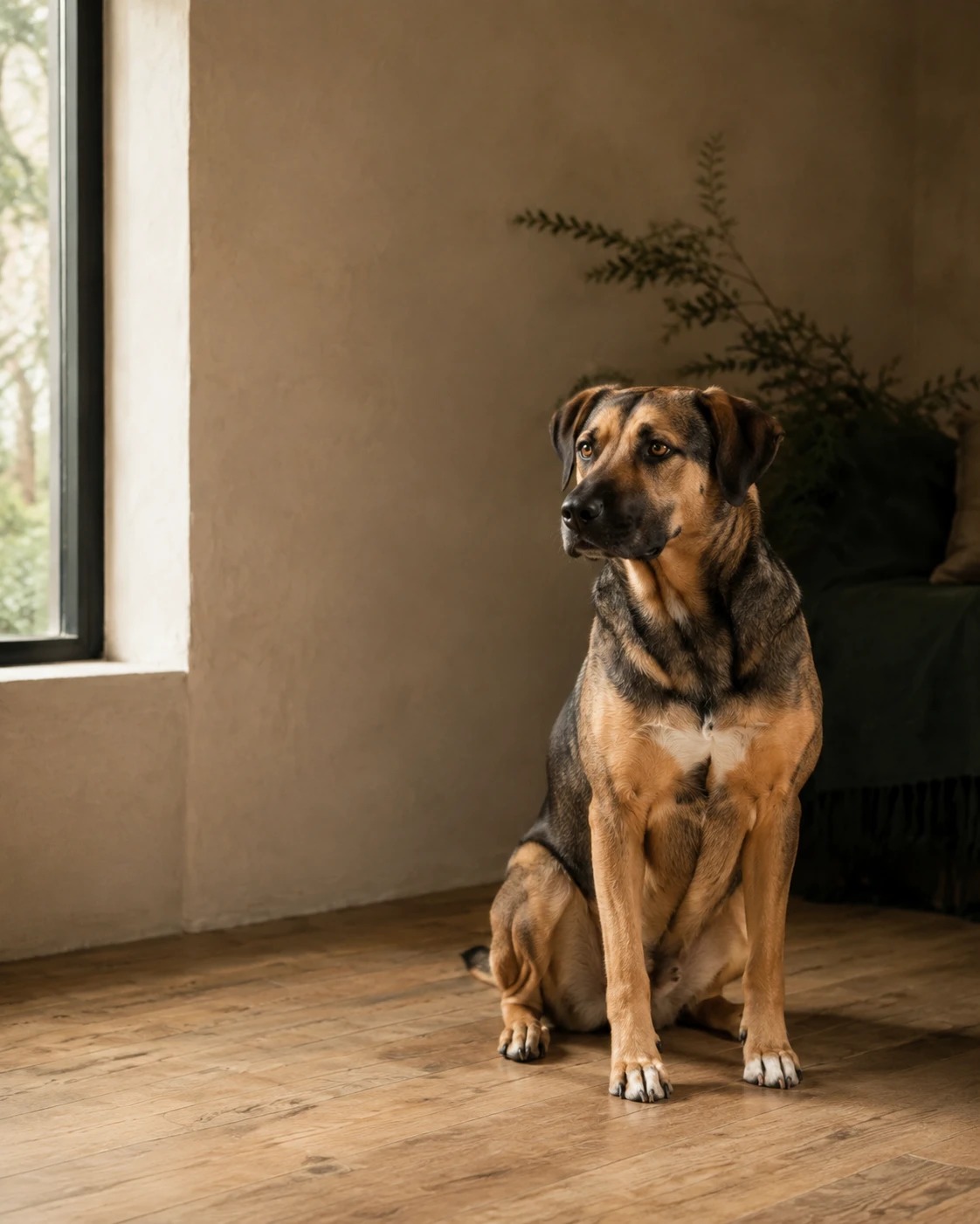 An adult dog sitting calmly beside a window, looking into the light, photographed at its own level